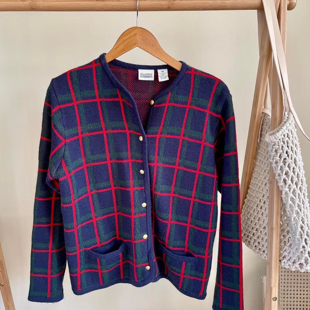Vintage Plaid Gold Button Cardigan Sweater in Navy/Red/Green - Picture 2 of 4